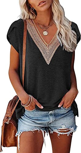Etcyy Cap Sleeve Summer Tops For Women 2023 Trendy Cute Tank Tops Loose Solid Color Lace Petal V Neck Short Sleeve Shirts #TOP22