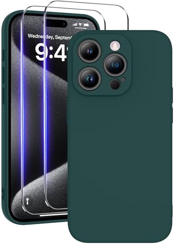 Qasyfanc Silicone Case for iPhone 15 Pro with 2 Tempered Glass Screen Protectors Ultra Slim Liquid TPU Soft Edge Cover 360 Full Body Shockproof & Scratch - Resistant Protection Dark Green