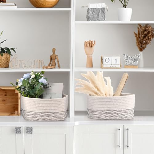 Image of Sawysine 6 Pcs Storage Baskets Bulk for Organizing Cotton Rope Woven Basket with Handles for Gift Cloth Shelves Blanket Toys Living Room(White Grey)
