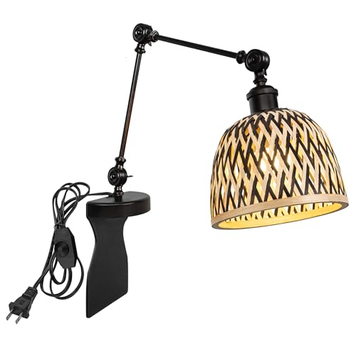 Kiven Headboard Reading Light, Dimmable No Drilling Reading Lamp, Farmhouse Rattan Nightstand Lamp with Adjustable Swing Arm, 8.2ft Cord for Reading Bedside Side Table Desk DZ0514