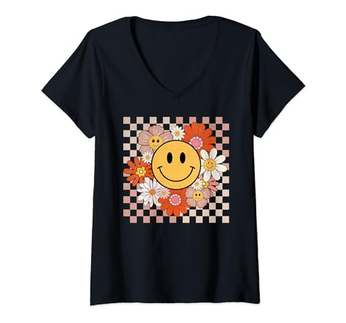 Donna retro groovy smile happy face flowers checkered 70s hippie maglietta con collo a v