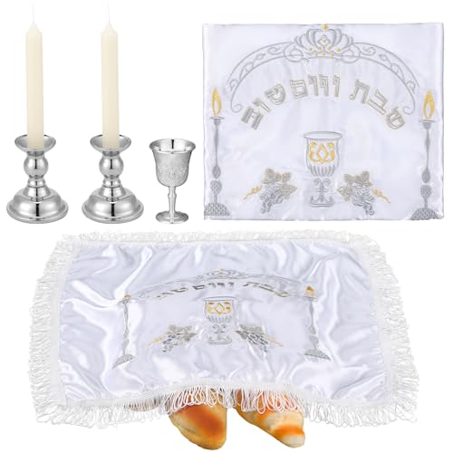 Reallnaive Modern Shabbat Havdalah Set White Satin Challah Cover Silver Candle Holders Silver Wine Cup White Taper Candles for Shabbat Holiday and Havdalah Gifts