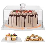 Square Cake Stand with Lid，360° Rotatable Marble Cake Plate with Acrylic Dome，Stone Dessert Display Stand with Lid Cover for Cheese，Pie，Chips & Dips，Turnable Lazy Susan Serving Platter Spinner