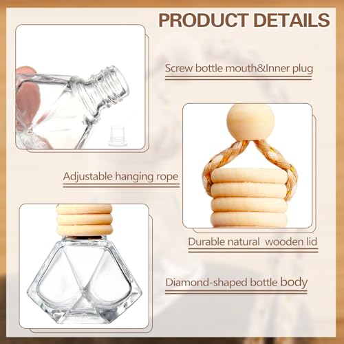 Image of 50 Pcs 8ml Hanging Car Air Freshener Diffuser,Clear Glass Car Diffuser Bottles Empty Bulk for Essential Oil Fragrance Perfume,Refillable Pendant Glass Vial with Wooden Cap Hanging String,Diamond Style