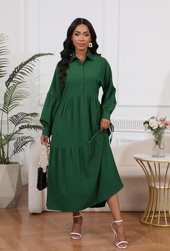 Image of Women's Long Sleeve Maxi Shirt Dress Elegant Button Down Loose Swing Party Dress