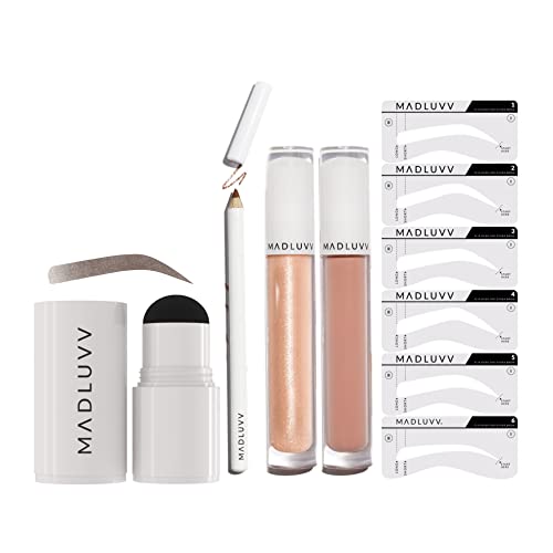 Madluvv Patented 1-Step Eyebrow Stamp Stencil Kit + Rich Lip Nude Pink Lip Kit Bundle (Brunette) #TOP11