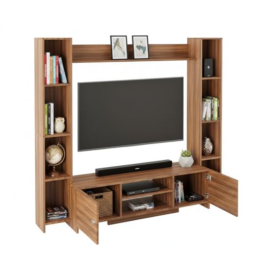 Image of FURNEASER Decoria Wooden TV Cabinet Unit with Side Bookshelf & Storage | Modern Entertainment Center for Living Room | TV Stand for Up to 43-50 Inch TV (Exotic Teak)