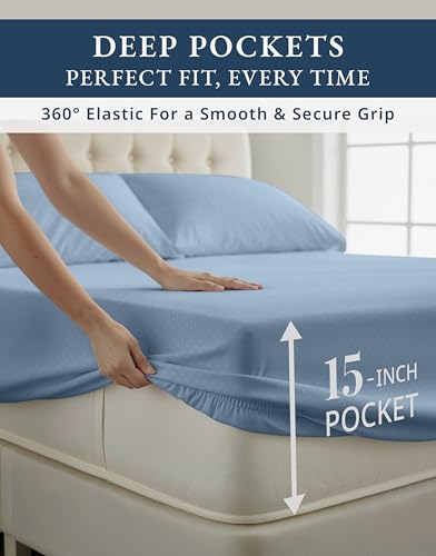 Image of LANE LINEN Extra Deep Pocket King Sheets Sateen Weave - French Blue | 100% Cotton Sheets King - 4-Piece Set, For A Luxurious Night's Sleep, For Guests And Everyday Use, Luxe Sheen,