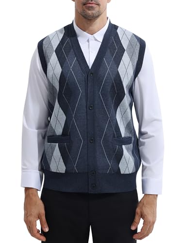 LemonGirl Mens Plaid V-Neck Cardigan Sweater Vest Sleeveless Button Casual Knitwear
