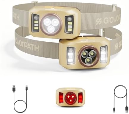 Upgraded Headlamp Rechargeable, Ultra Bright Headlight Flashlight with White Red Light, Motion Sensor Head Lights for Forehead, 6 Modes Head Lamp for Outdoor Camping Running Waterproof (2, Beige)