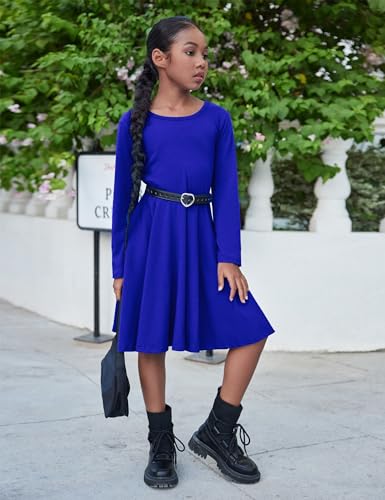 image for Arshiner Girls' Cotton Long Sleeve Twirly Skater Party Dress, Royal Bl