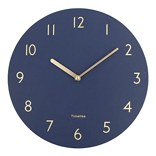 Timelike Silent & Non-Ticking Wall Clock PU Leather Decorative Wall Clock Round 12" (Retro Leather - Navy)