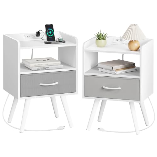 Image of Huuger Night Stand with Charger Station, Nightstands Set of 2, Bed Side Table with Drawer, End Table with Solid Wood Feet, White Nightstand, Side Tables for Bedroom