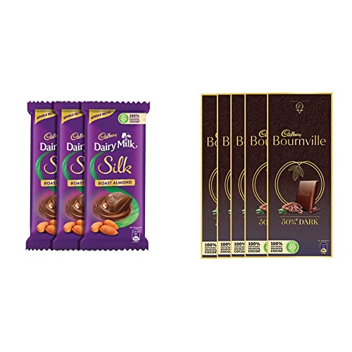 Image of Cadbury Dairy Milk Silk Roasted Almonds Chocolate Bar, 143g (Pack of 3) & Bournville Rich Cocoa Dark Chocolate Bar, 80 gm (Pack of 5)
