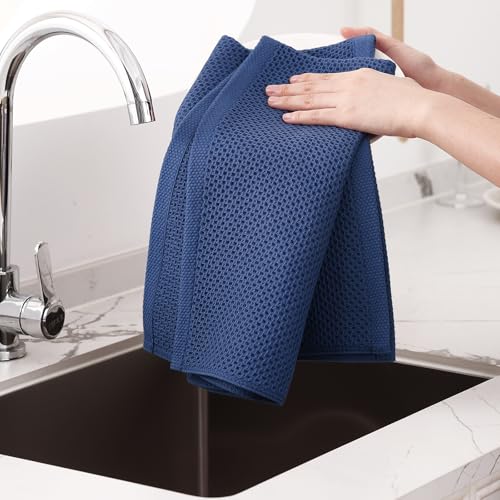 Image of Homaxy 100% Cotton Oversized Waffle Weave Kitchen Dish Towels, Ultra Soft Absorbent Quick Drying Cleaning Towel, 20 x 28 Inches, 4-Pack, Navy Blue
