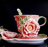 Glodeals (TM) Hand Crafted Porcelain Enamel Graceful Fower Tea Coffee Cup Set with Saucer and Spoon(Red)