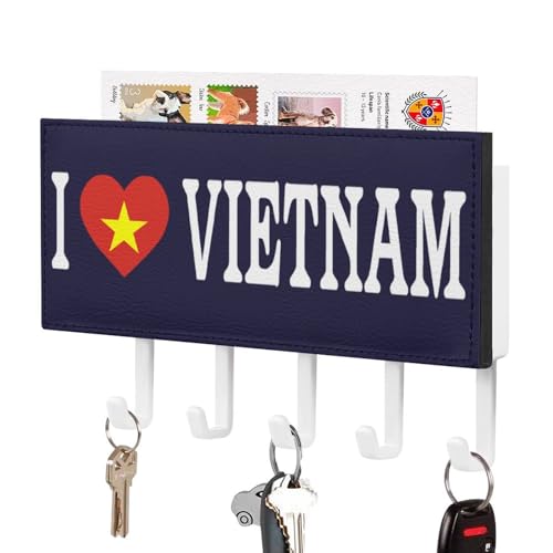I Love Vietnam Porte-clés mural avec drapeau du Vietnam pour courrier et porte-clés pour entrée, porte-clés rustique avec 5 crochets, support mural pour entrée, vestiaire, couloir