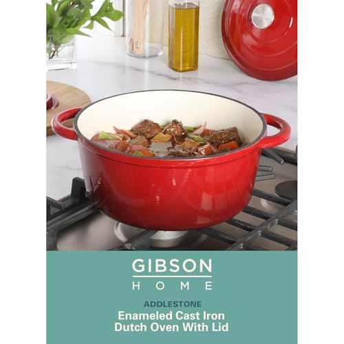 Image of Gibson Home Addlestone 5-Quart Red Enamel Cast Iron Dutch Oven with Lid and Dual Handles - Durable Round Cooking Pot