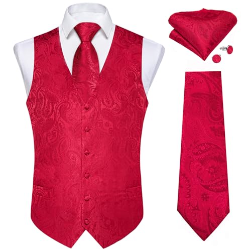 Image of DiBanGu Mens Vest and Tie Set Formal Paisley Waistcoat and Necktie Pocket Square Cufflinks Silk Suit Vest for Tuxedo Wedding