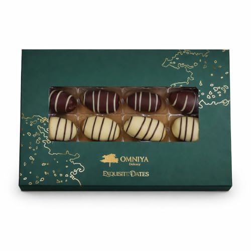 OMNIYA Delicacy – Chocolate Exquisite Dates Box (1 Count, 16-Piece Medjool Dates) – Stuffed & Coated with Milk Chocolate, Pistachio, Caramel & Lotus – Premium Middle Eastern Gift