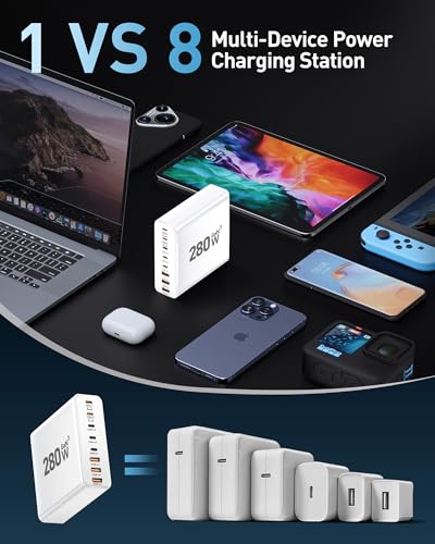 280W USB C Charger Block, 8-Port USB C Charging Station GaN III PD 65W Laptop Charger Adapter Compatible with MacBookPro/Air,DELL,iPad,Portable Charging Station for iPhone,Samsung Galaxy (White)
