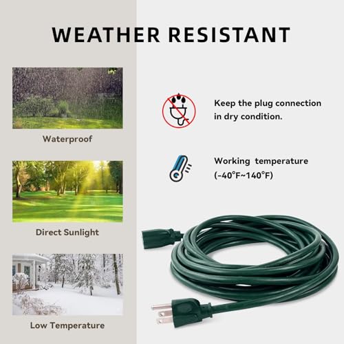 Image of 12ft Outdoor Extension Cord for Christmas Decorations- 16 /3 Heavy Duty SJTW Waterproof Green Electrical Cable with 3 Prong Grounded Plug for Safety, Great for Lawn and Major Appliances