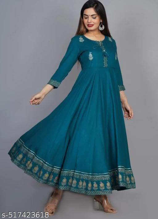 Image of Women's Printed Rayon Anarkali Kurti with 3 /4 Sleeves - Perfect for Festive, Party