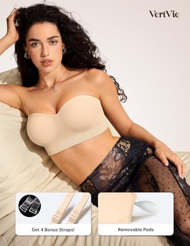 Image of Vertvie Womens Wireless Strapless Bras Supportive Bandeau Top No-Slip Push Up Bra Full Coverage Bralettes(Large,Beige)