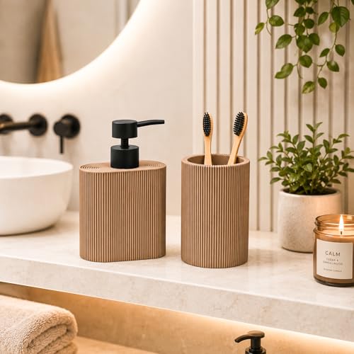 Image of MARKET 99 Bathroom Accessories Set of 2 | Brown Polyresin Soap Dispenser & Toothbrush Holder | Textured Matte Bathroom Organizer Set for Vanity, Countertop & Wash Basin