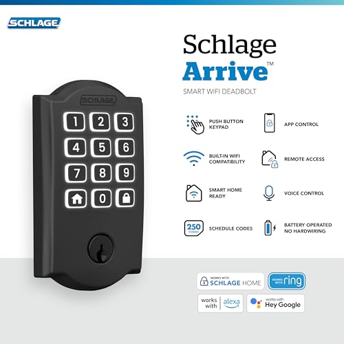 Image of Schlage Arrive Smart Wi‑Fi Deadbolt Lock with Keypad, Keyless Entry Front Door Lock, App Control, Alexa and Google Home Compatible, Matte Black, BE459WB CAM 622