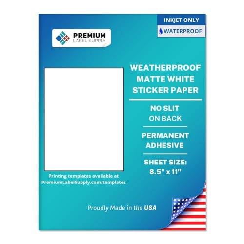Premium Label Supply Waterproof White Inkjet Sticker Paper &ndash; 8.5' x 11' Full Sheet Labels...