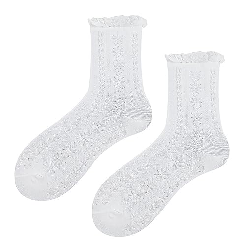 WKRTDY Weiße Rüschen Socken - Baumwoll Spitzen Söckchen Mit Hohl Muster für Frauen Und Mädchen - Prinzessin Kleidsocken
