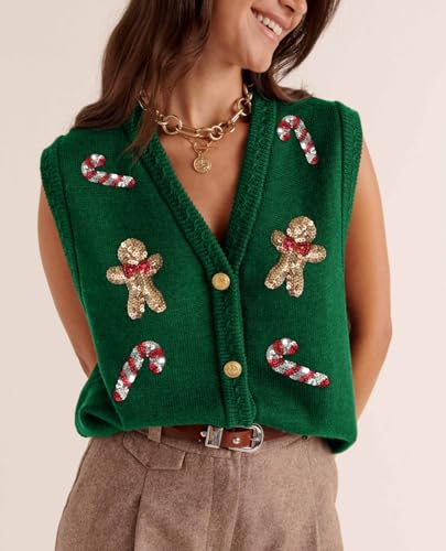 Image of Women Christmas Knit Vest Top Santa Embroidery Sleeveless Button Down Sweater Vest Xmas Snowman Cardigans Tank Top