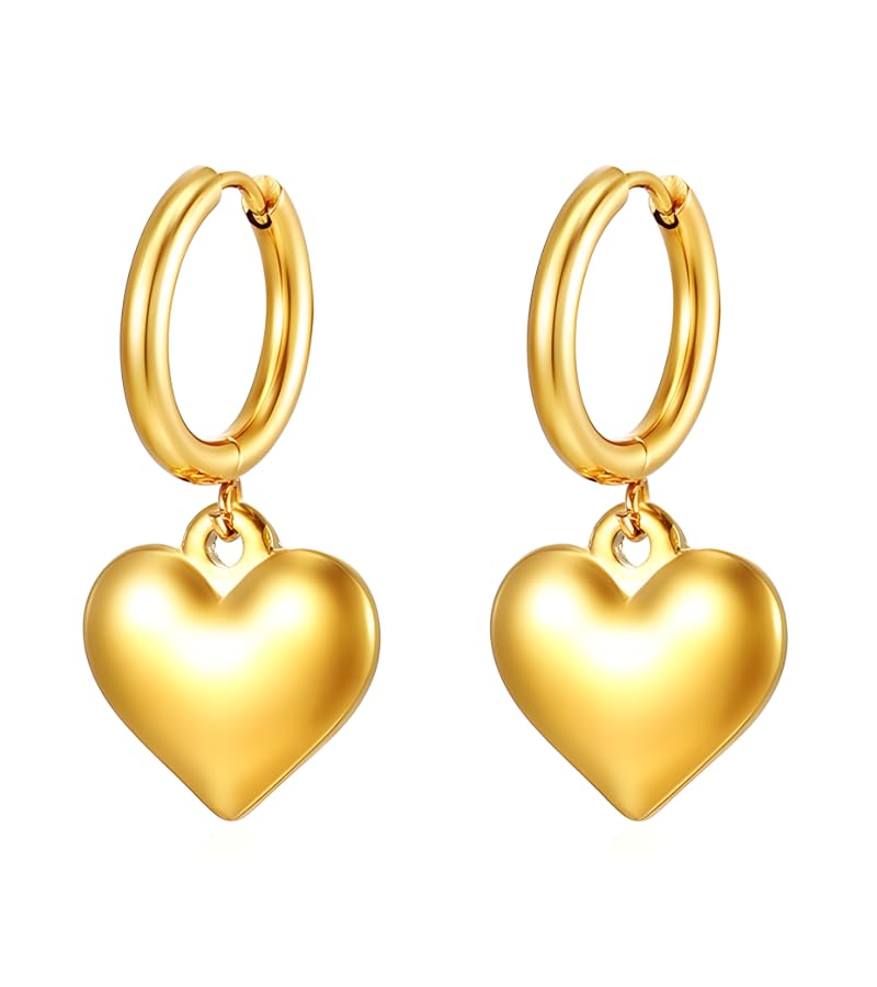 SweYone 18K Gold Plated & Silver Chunky Heart & Bow Earrings for Women, Chunky Heart Dangle Hoops/Tiny Studs, Kawaii Dainty Hypoallergenic Jewelry for