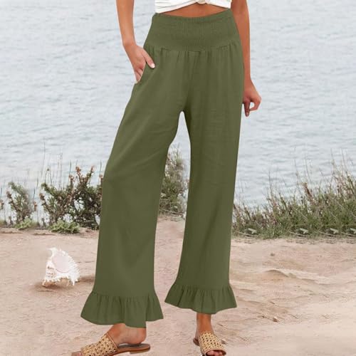 Image of Womens Linen Palazzo Pants Ruffle Hem Drawstring Boho Trousers Beach Travel Vacation Outfits