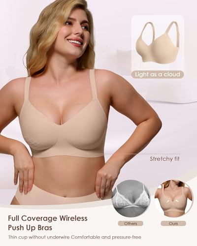 Image of As Fairy Womens Soft Comfortable No Underwire Bras V Neck Seamless Push Up Bralettes Full Coverage Tshirt Brassiere