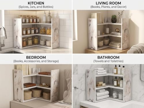 Image of Multipurpose 3 Tier L Shaped Wooden Storage Rack For Kitchen, Living Room and Utility Storage, White Marble