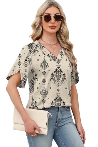 Image of WIHOLL Womens Summer Tops Short Petal Sleeve Shirts Fashion V Neck Womens Clothing