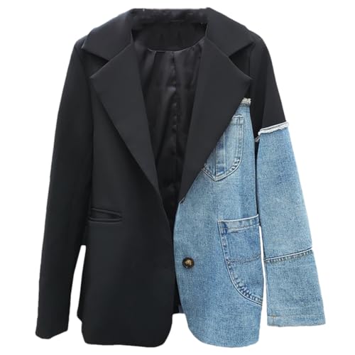 Women's Autumn Denim Patchwork Single Button Black Casual Loose Blazer