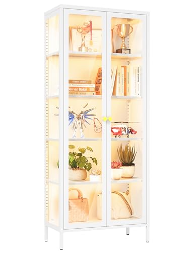 VCGGAIP Metal Display Cabinet with Glass Doors, 66.93" H, 5-Tier Curio Cabinet with Adjustable Shelves,21 DIY Color Lights Display Cases for Plant, Book Bathroom, Living Room, Collectibles Figure