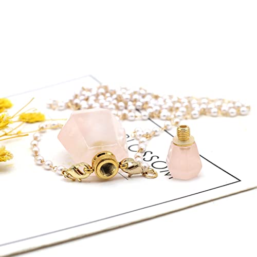 1Pcs Natural Rose Quartz Stone Perfume Bottle Pendant Pearl Bead Chain Rectangle Heart Healing Stone Essential Oil Diffuser Necklace For Women Jewelry Essential Oil Diffuser #TOP3