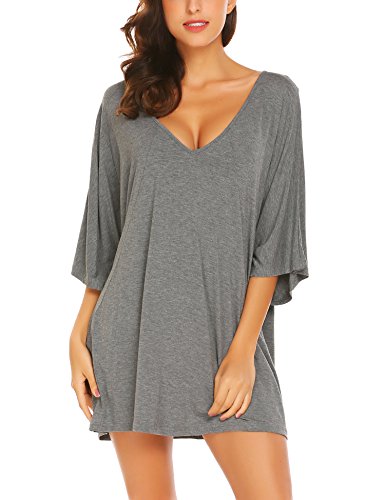 Ekouaer Deep V Neck Sleepshirt Sexy Cotton Nightshirt For Women Plus Size,Gray,XX-Large