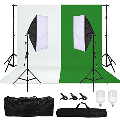 TFSKY Hintergrund Stützsystem Fotostudio Set mit Softbox, 2X Hintergrundstoff(weiß, grün), 2X LED Dauerlicht, Studioleuchte Studiosets für Fotostudio Produkt Porträt sowie Video Fotografie