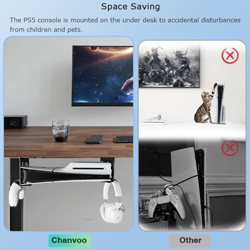Chanvoo Suporte sob a mesa de alumínio para PS5/PS5 Slim Digital e disco, suporte sob a mesa com con