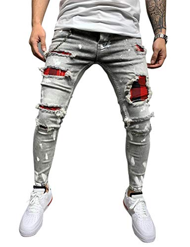 IDEALSANXUN Mens Skinny Jeans Ripped Pattern Stretch Jeans Denim Pants(Grey, 30)