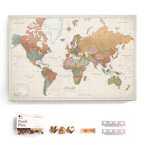 Carte du monde en toile avec tableau d'affichage en liège - Labels en anglais - Décoration murale décorative pour toutes les pièces - Tableaux sur toile (120x80 cm,...