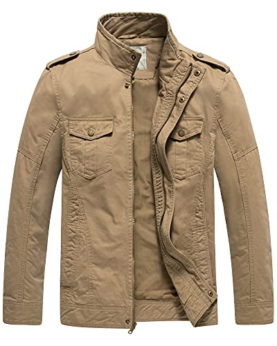 WenVen Men's Spring Outdoor Casual Washed Cotton Jacket (Khaki 1, X-Large)