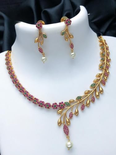 Image of Antique Gold Plated Temple Jewellery Necklace Set with Earrings for Women, Traditional Indian Bridal Necklace Set, South Indian Choker Haram Style Jewellery Set, Ethnic Wedding for Women