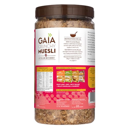 Image of Gaia Crunchy Muesli- Strawberry. Power-packed low calorie healthy breakfast, High Fiber,Source of Iron,No Trans Fat,No Cholesterol,Nutritious breakfast choice | 1 Kg