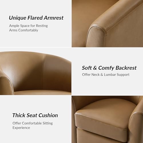 Image of HULALA HOME Genuine Leather Swivel Barrel Chairs Set of 2, Round Swivel Accent Chairs with Solid Wood Base, Leather Barrel Accent Chair for Living Room, No Assembly Required, Camel